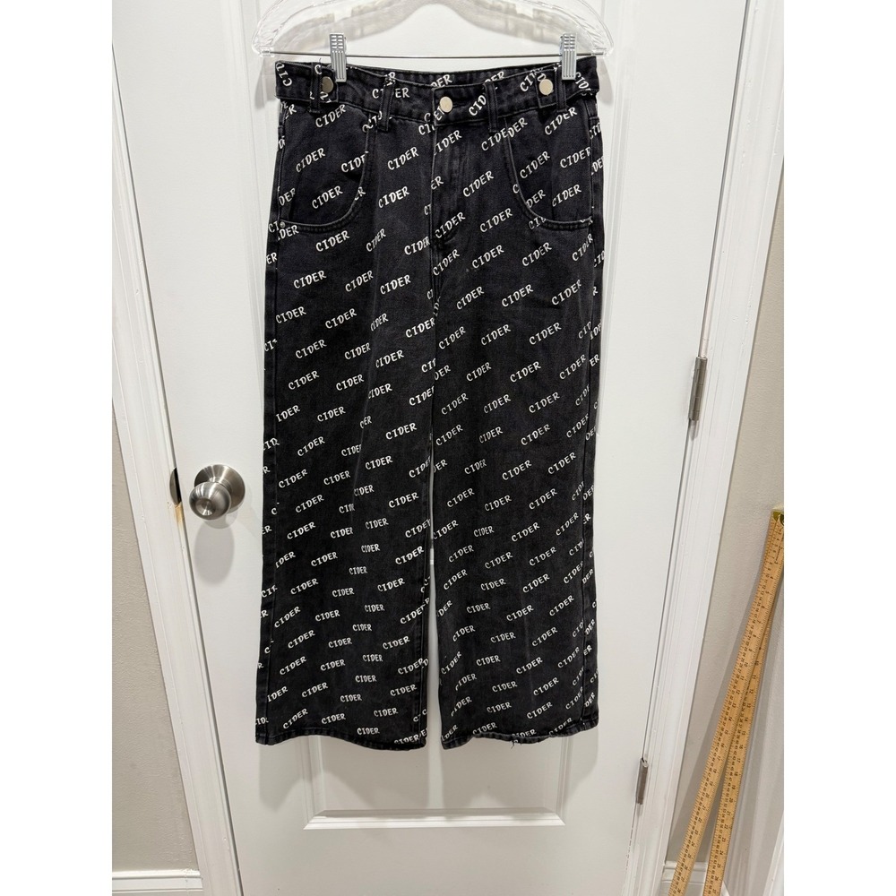 Cider Women Jeans Logo Print Wide Leg Black Size M